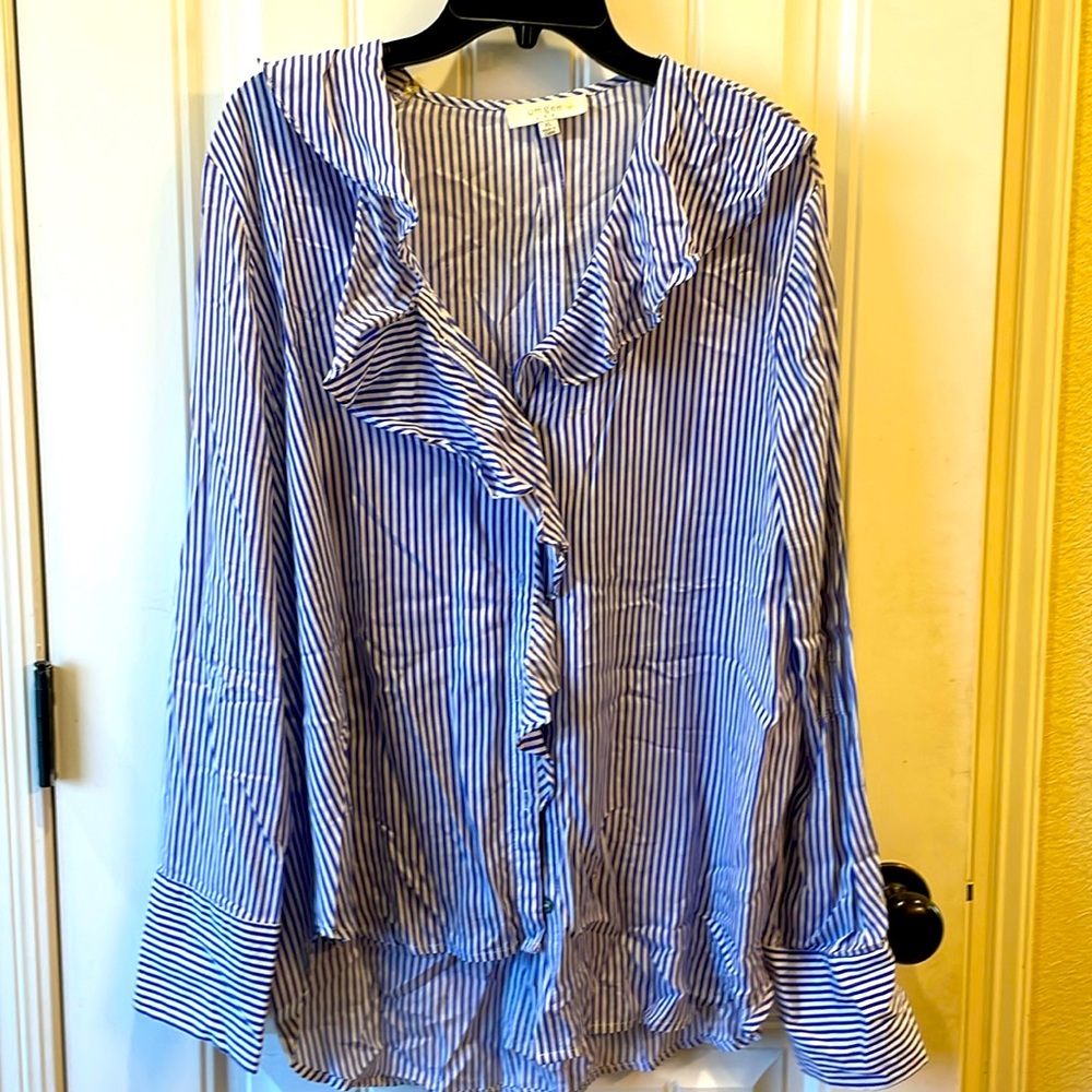 Umgee blue pinstripe long sleeve button down shirt with ruffle Size XL